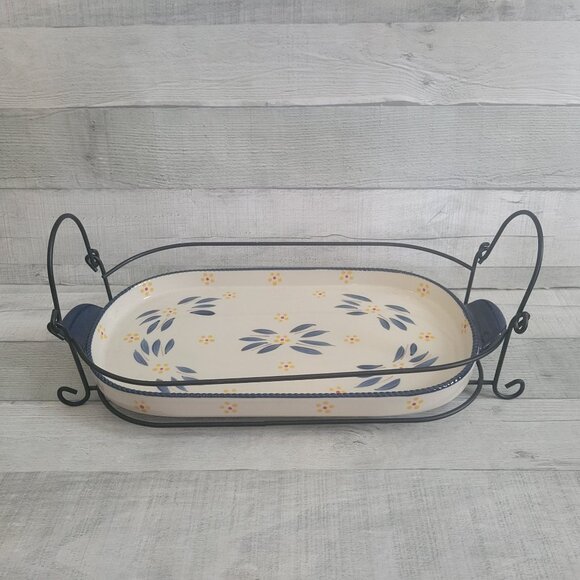 Temptations by Tara Old World Blue  Ceramic Casserole w Stand - Picture 1 of 11